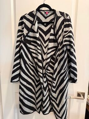 Black & Gray Zebra Print Open Front Women's Cardigan Sweater